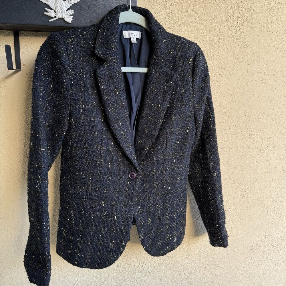 Ovi Women's Navy Blue And Metallic Gold Thread Single Button Blazer Size Small